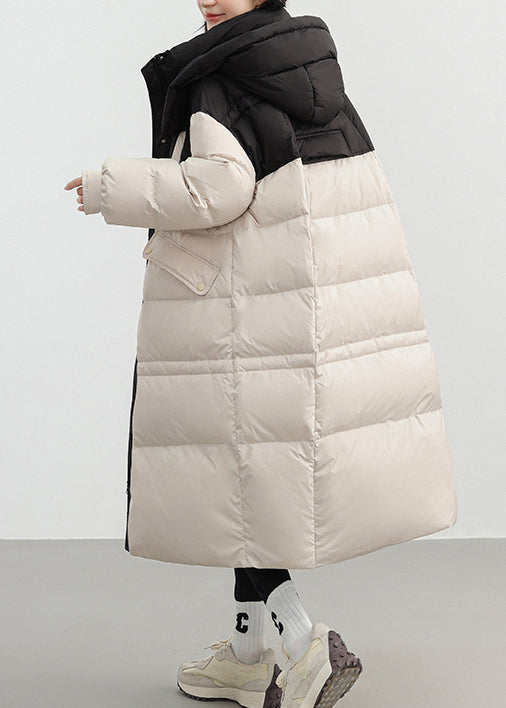 Fitted White Hooded Patchwork Duck Down Puffer Jacket Winter