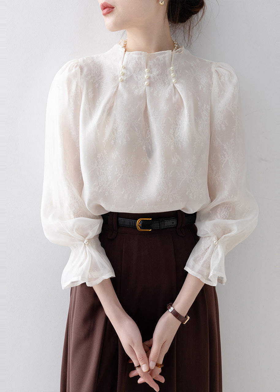 Fitted White Jacquard Nail Bead Chiffon Top Winter