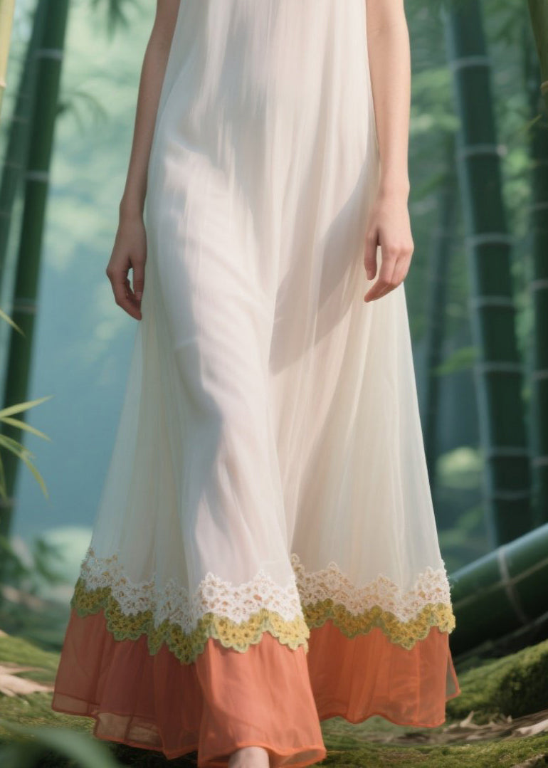 Fitted White Lace Patchwork Chiffon Long Dress Summer