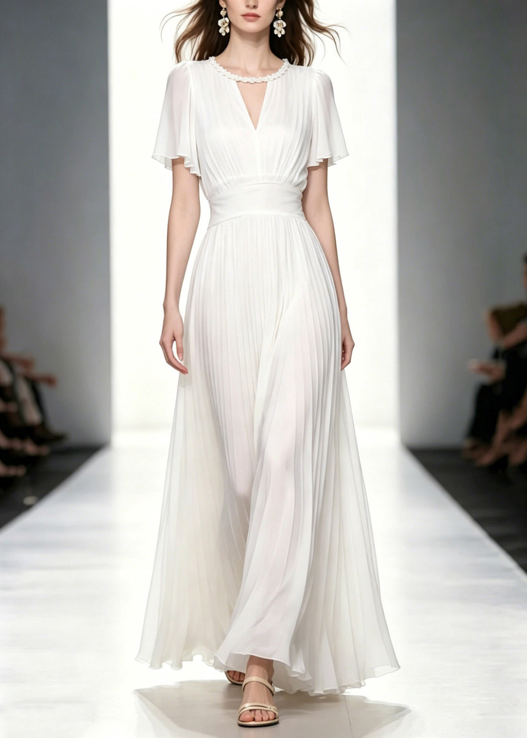 Fitted White O-Neck Wrinkled Tunic Solid Chiffon Long Dresses Summer