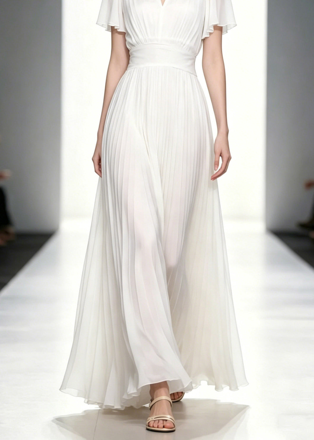 Fitted White O-Neck Wrinkled Tunic Solid Chiffon Long Dresses Summer