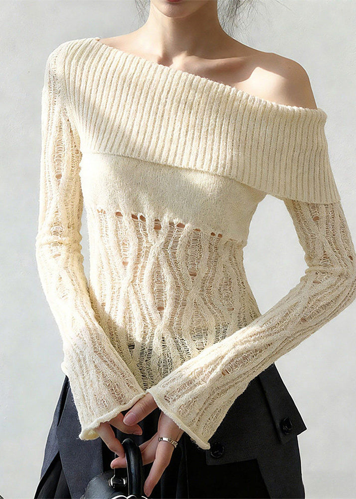Fitted White One Shoulder Hollow Out Knit Shirt Spring