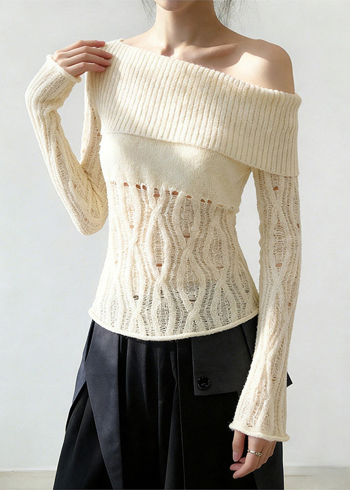 Fitted White One Shoulder Hollow Out Knit Shirt Spring