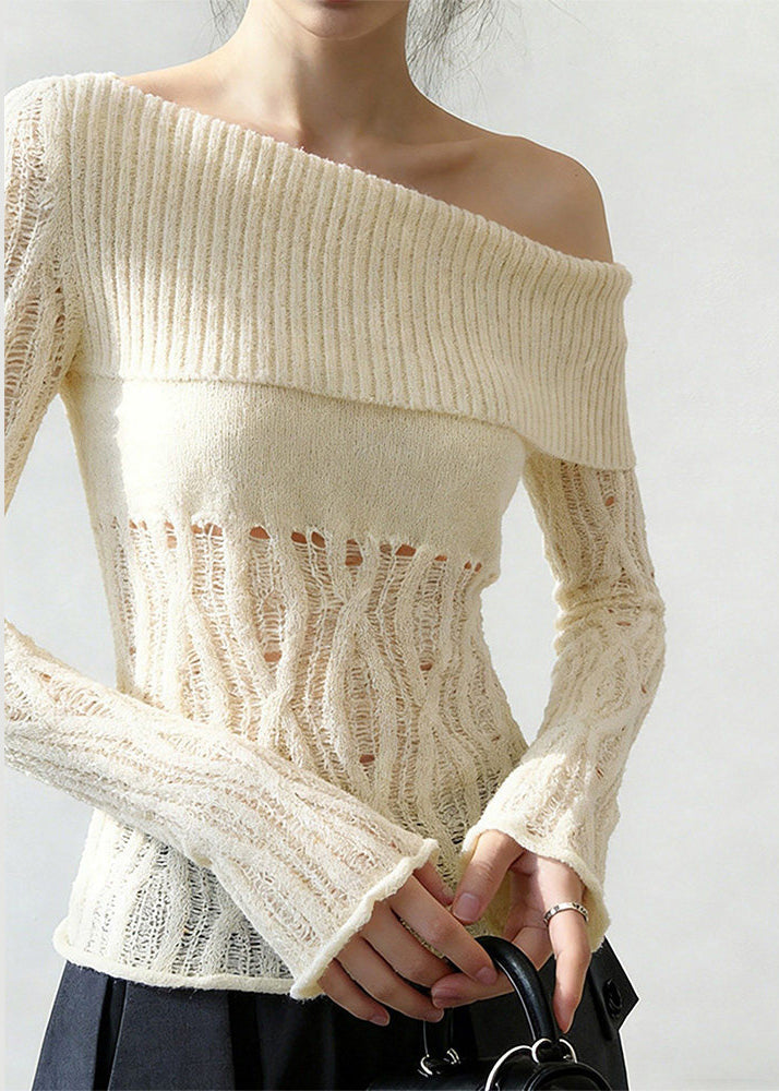 Fitted White One Shoulder Hollow Out Knit Shirt Spring
