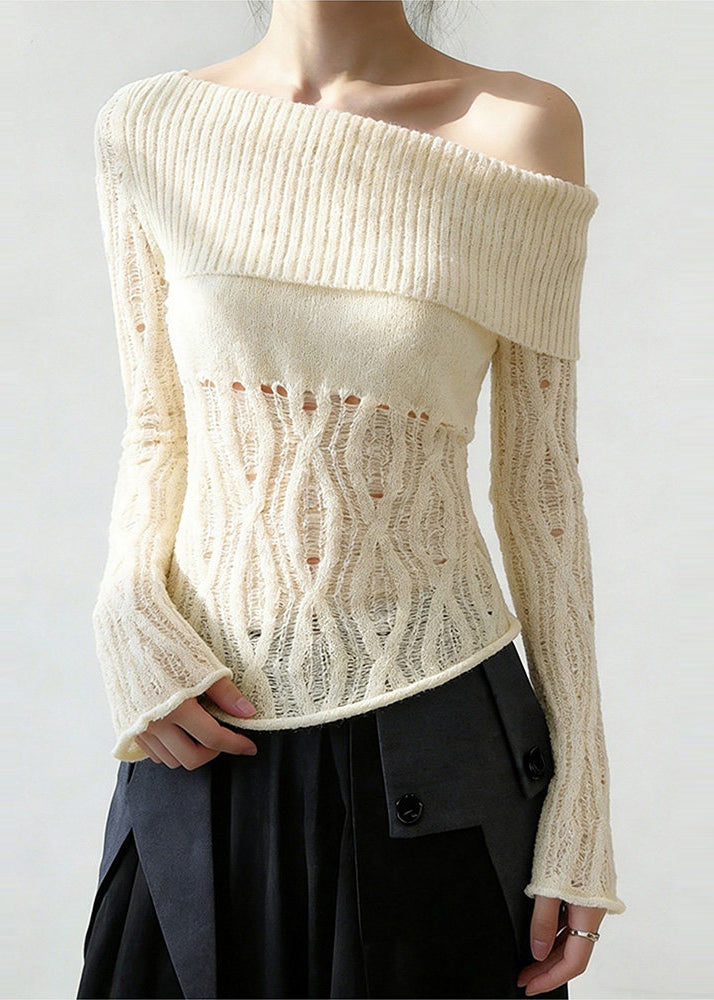 Fitted White One Shoulder Hollow Out Knit Shirt Spring