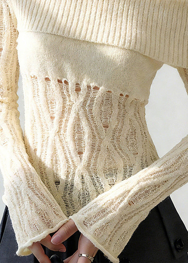 Fitted White One Shoulder Hollow Out Knit Shirt Spring