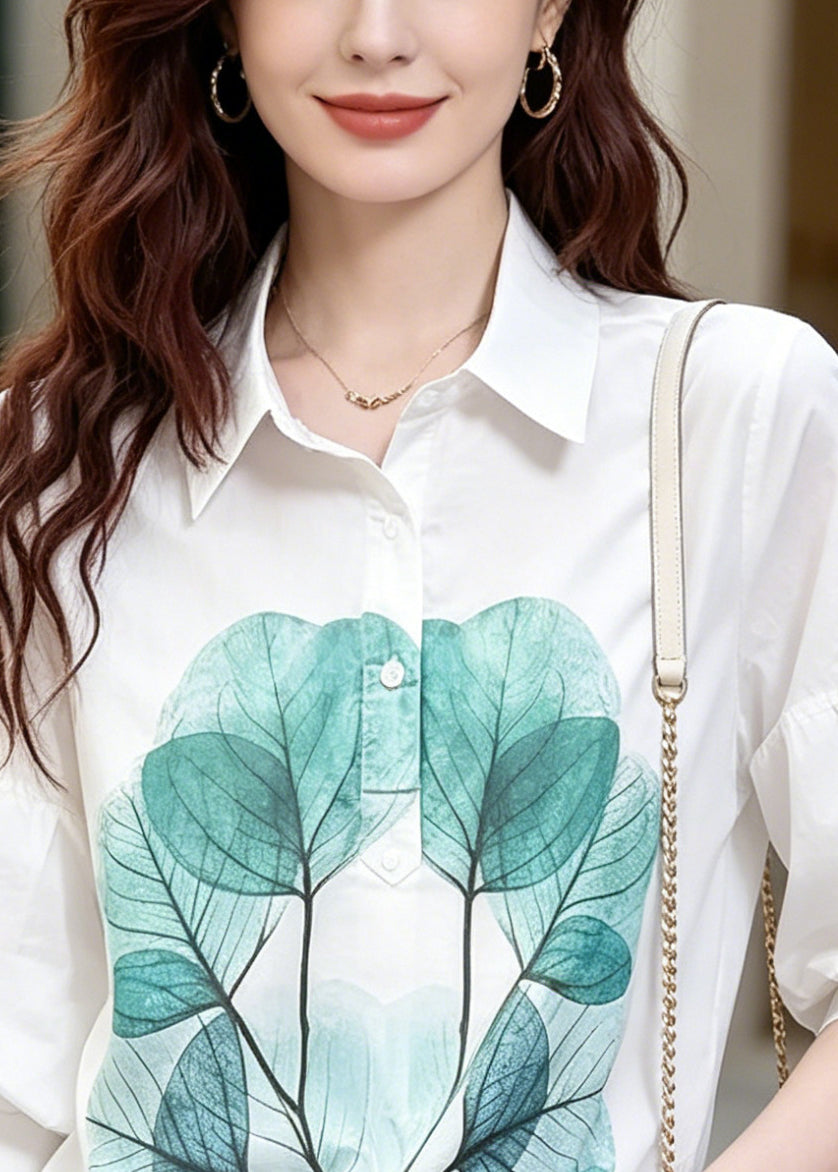 Fitted White Oversized Print Cotton Blouse Tops Bracelet Sleeve