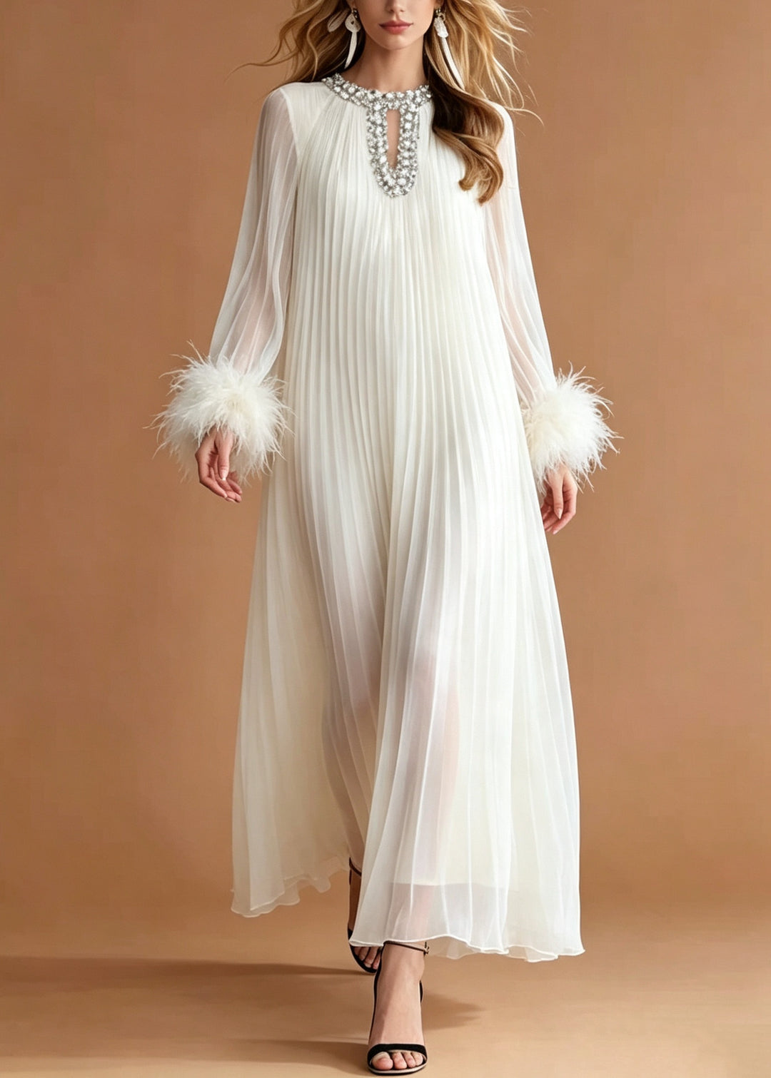 Fitted White Oversized Rhinestone Chiffon Pleated Dresses Summer