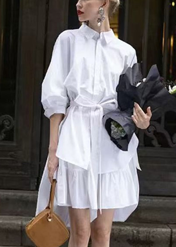 Fitted White Peter Pan Collar Tie Waist Shirt And Skirts Two-Piece Set Fall