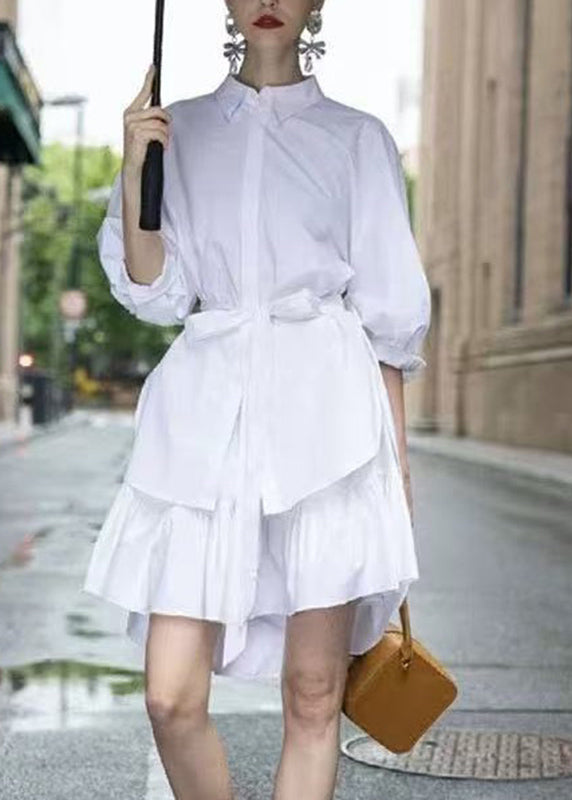 Fitted White Peter Pan Collar Tie Waist Shirt And Skirts Two-Piece Set Fall