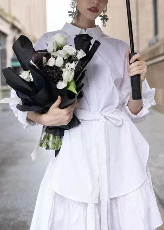 Fitted White Peter Pan Collar Tie Waist Shirt And Skirts Two-Piece Set Fall