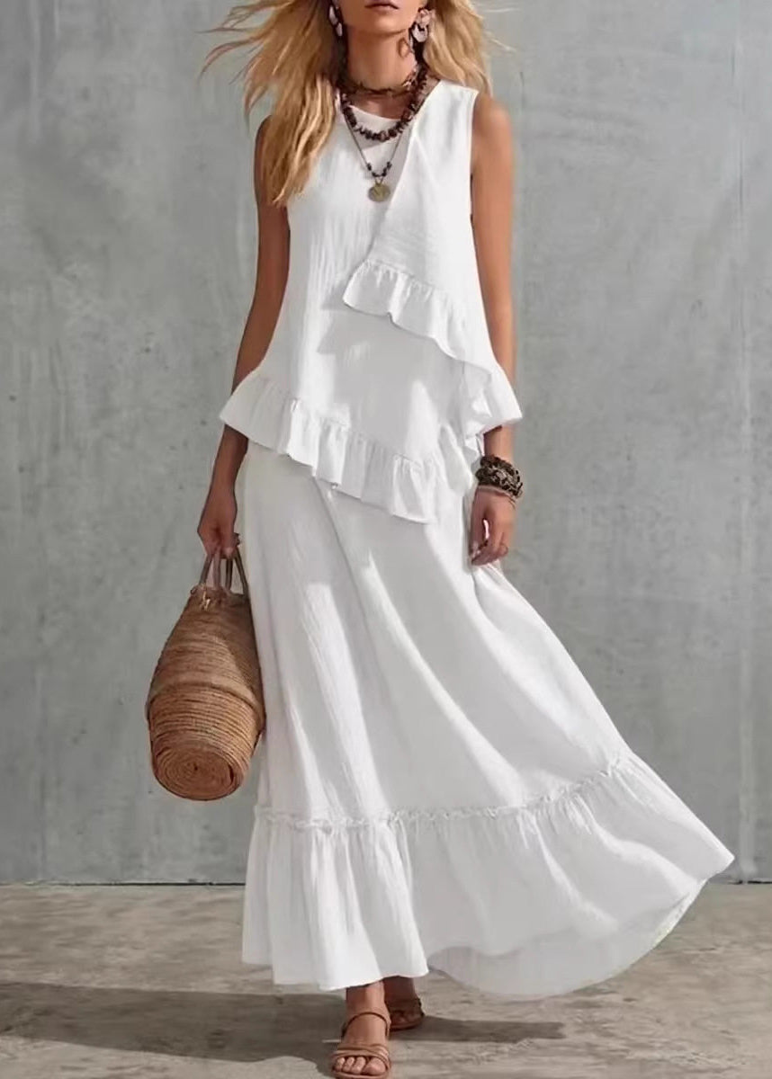 Fitted White Ruffled Patchwork Top And Maxi Skirts Two Pieces Set Sleeveless