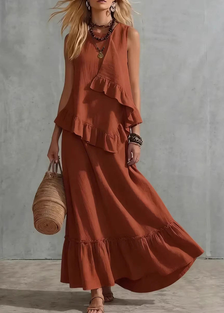 Fitted White Ruffled Patchwork Top And Maxi Skirts Two Pieces Set Sleeveless