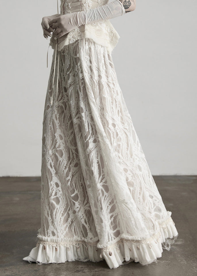 Fitted White Tassel Patchwork Lace Skirts Fall
