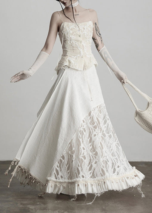 Fitted White Tassel Patchwork Lace Skirts Fall
