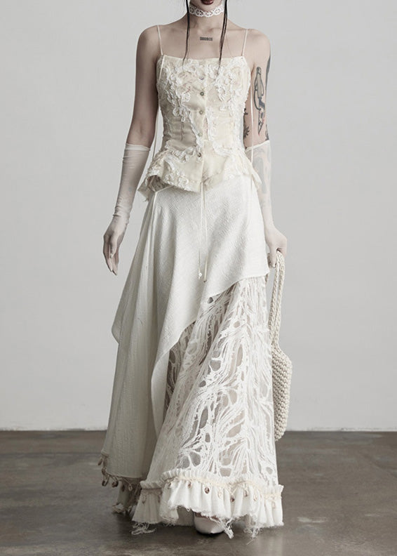 Fitted White Tassel Patchwork Lace Skirts Fall