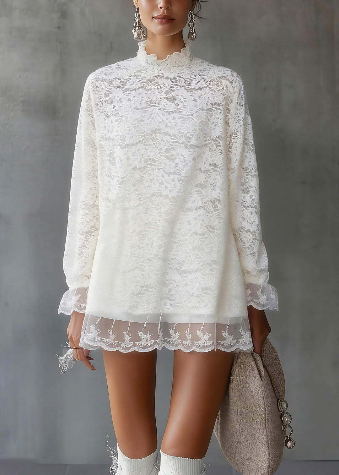 Fitted White Tulle Patchwork Lace Tops Spring