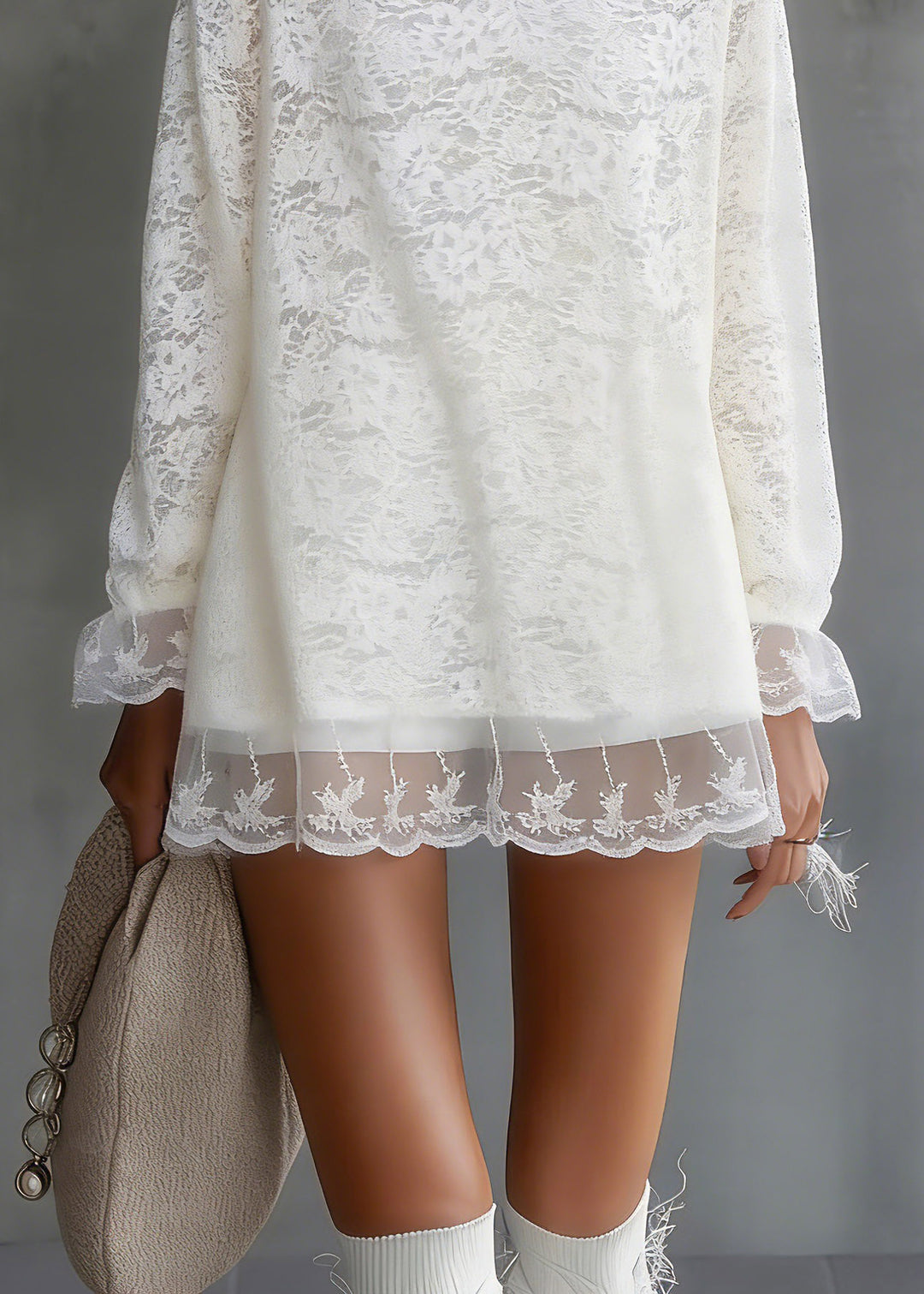 Fitted White Tulle Patchwork Lace Tops Spring