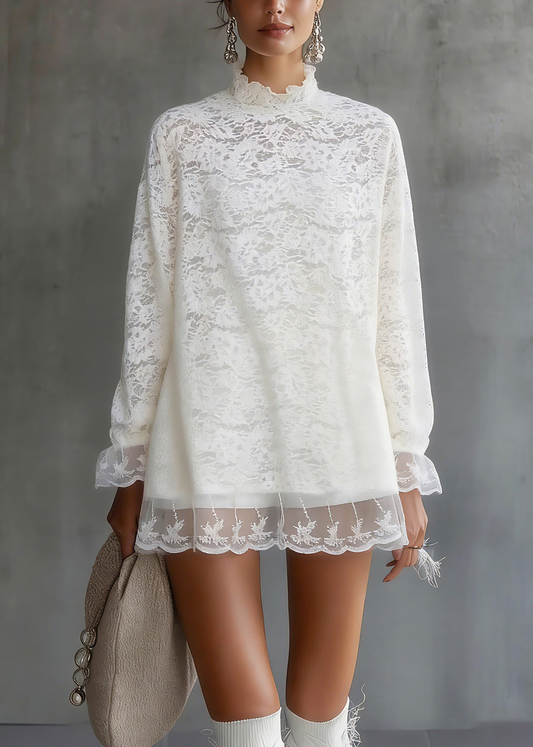 Fitted White Tulle Patchwork Lace Tops Spring