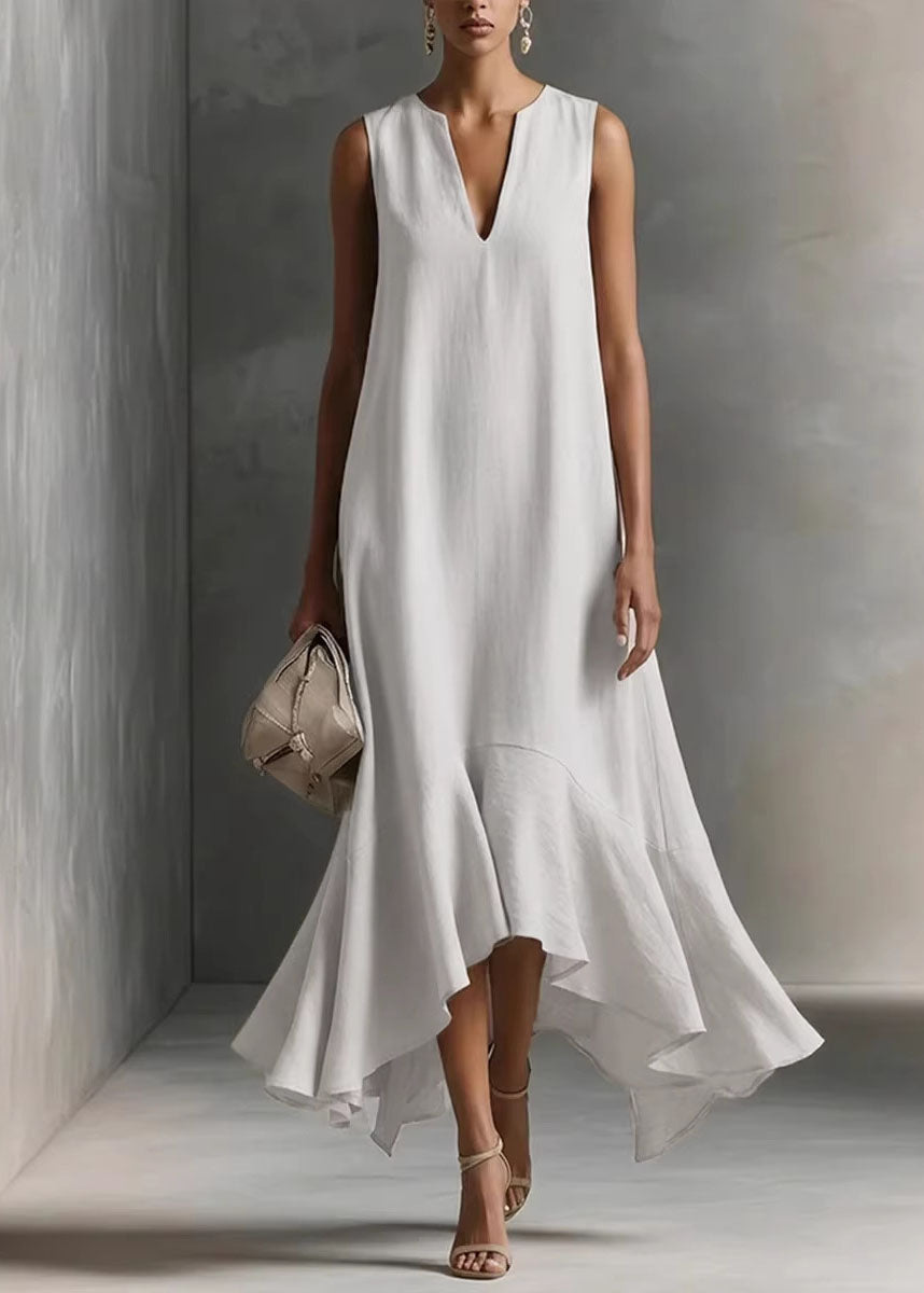 Fitted White V Neck Asymmetrical Design Cotton Maxi Dresses Summer
