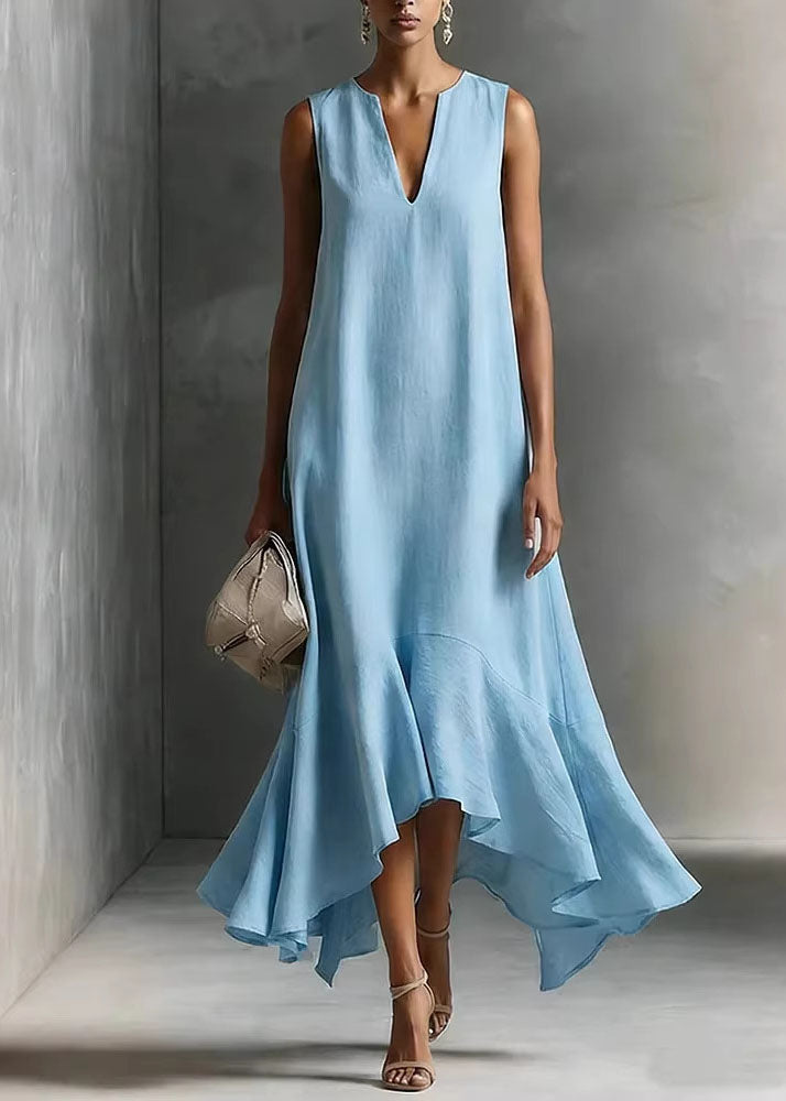 Fitted White V Neck Asymmetrical Design Cotton Maxi Dresses Summer