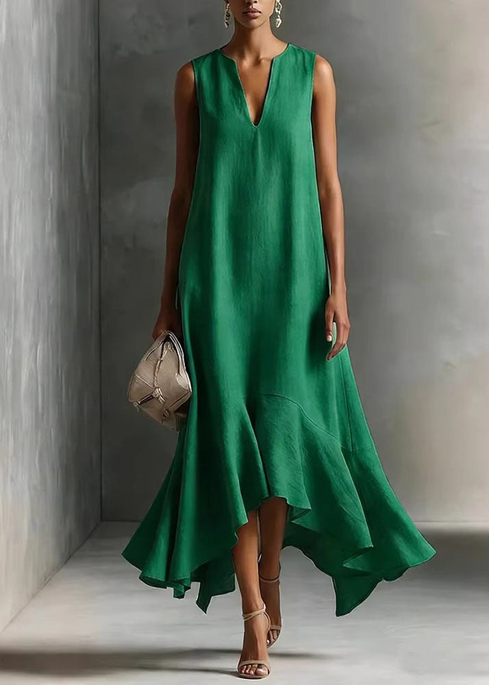 Fitted White V Neck Asymmetrical Design Cotton Maxi Dresses Summer