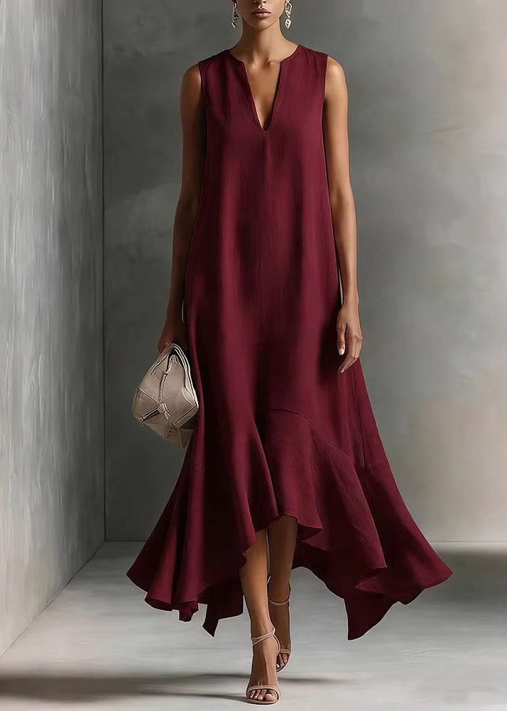 Fitted White V Neck Asymmetrical Design Cotton Maxi Dresses Summer
