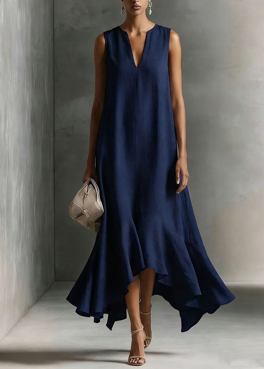 Fitted White V Neck Asymmetrical Design Cotton Maxi Dresses Summer