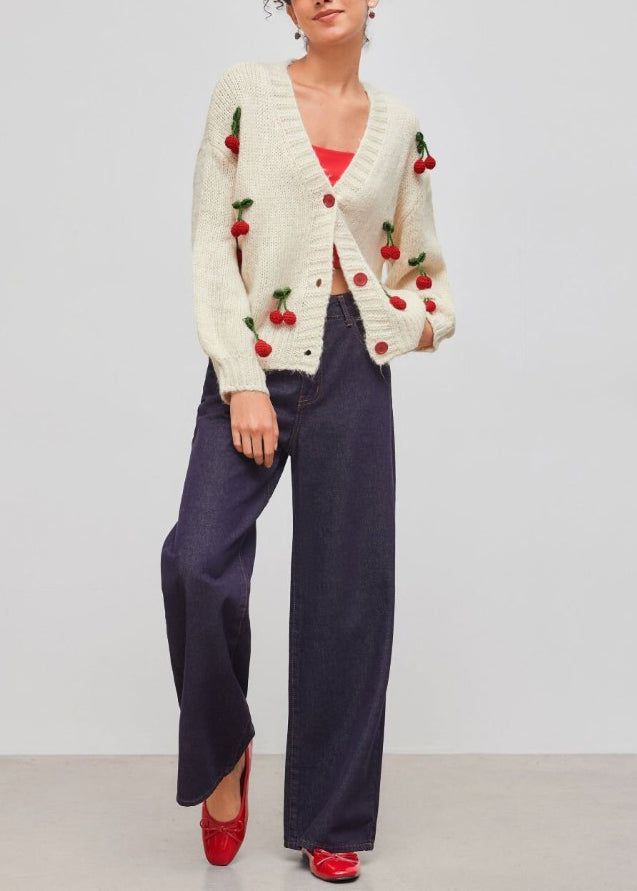 Fitted White V Neck Strawberry Knit Cardigans Fall