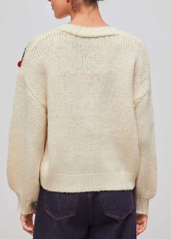 Fitted White V Neck Strawberry Knit Cardigans Fall