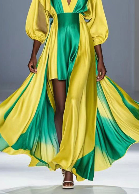 Fitted Yellow Asymmetrical Tie Dye Silk Party Dress Bracelet Sleeve