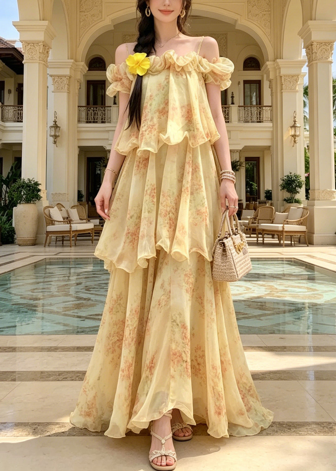 Fitted Yellow Cold Shoulder Ruffled Print Chiffon Maxi Spaghetti Strap Dress Sleeveless