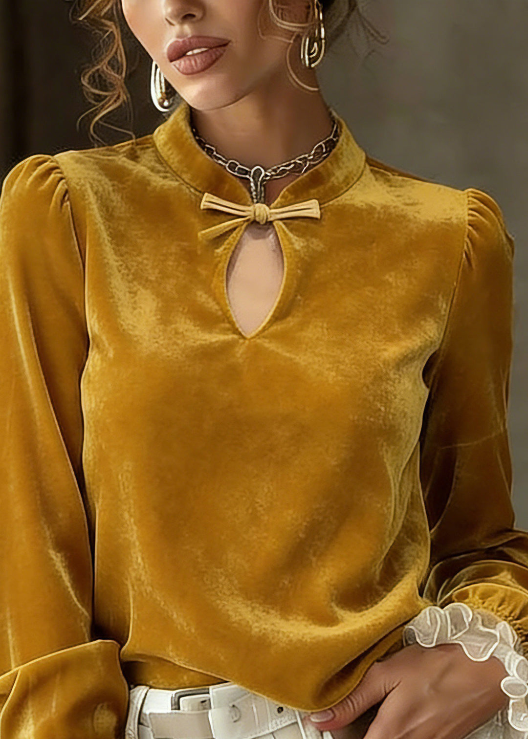 Fitted Yellow Hollow Out Silk Velour Shirts Spring - Omychic