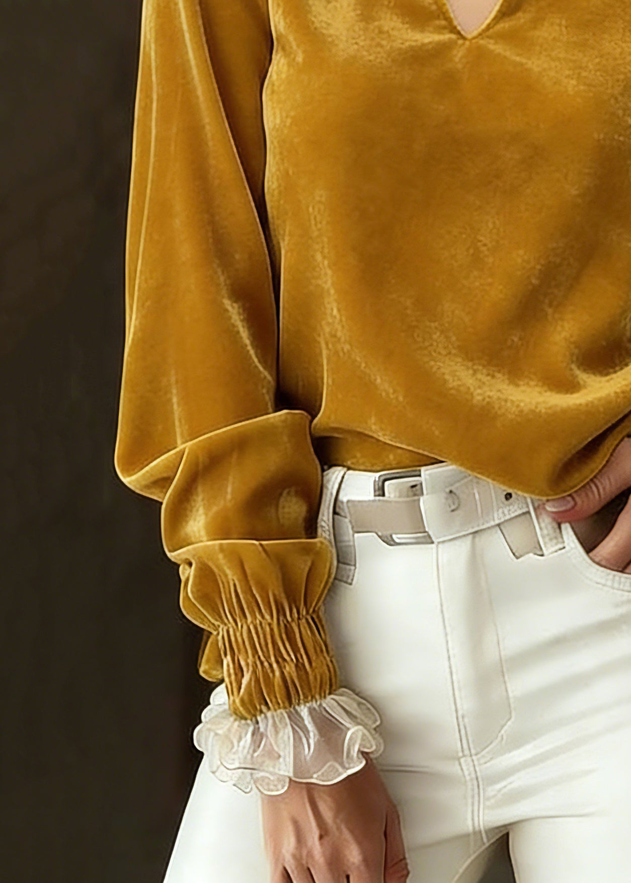 Fitted Yellow Hollow Out Silk Velour Shirts Spring - Omychic