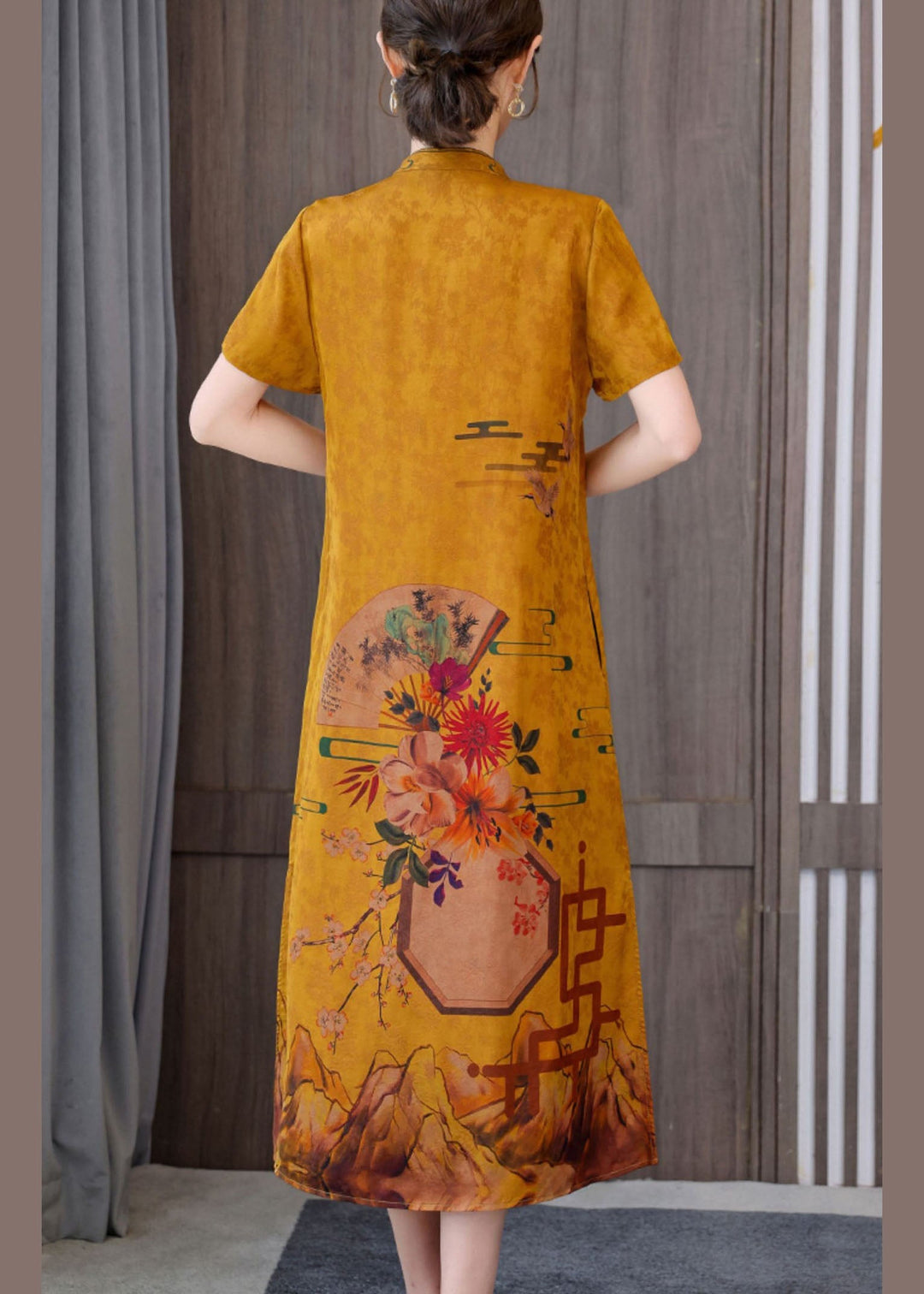 Fitted black phoenix Mandarin Collar Print Pockets Silk Long Dresses Short Sleeve