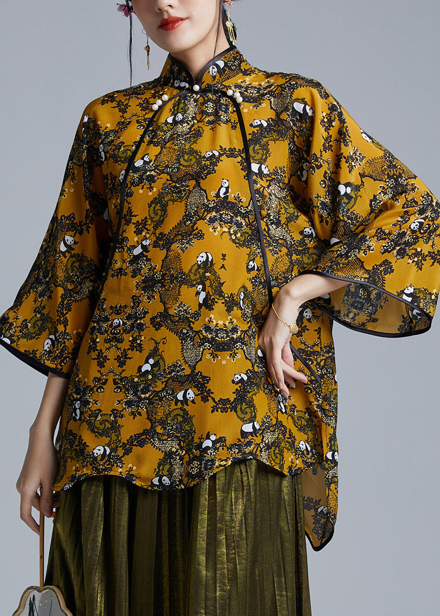Fitted Yellow Mandarin Collar Print Silk Shirt Tops Bracelet Sleeve