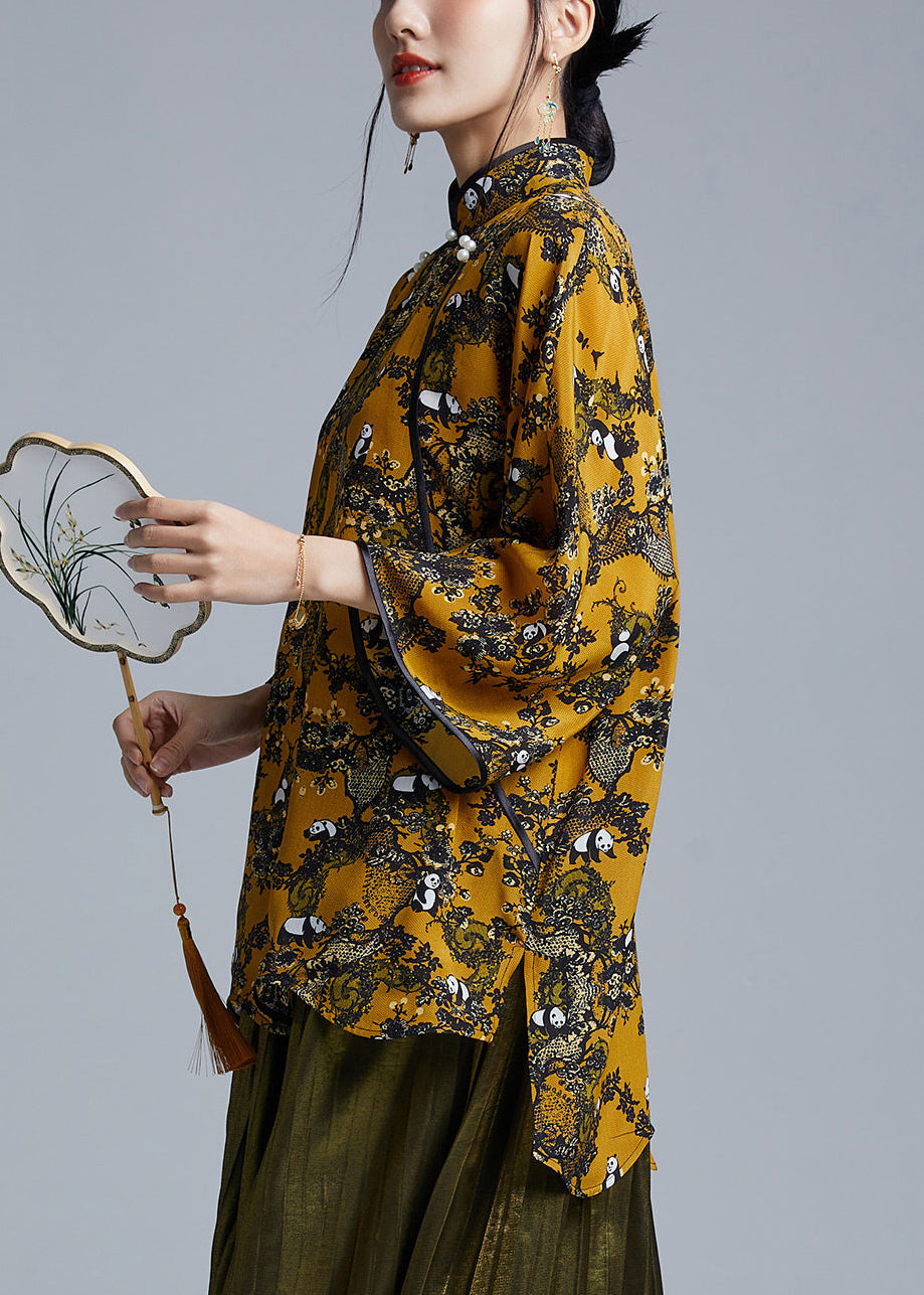 Fitted Yellow Mandarin Collar Print Silk Shirt Tops Bracelet Sleeve