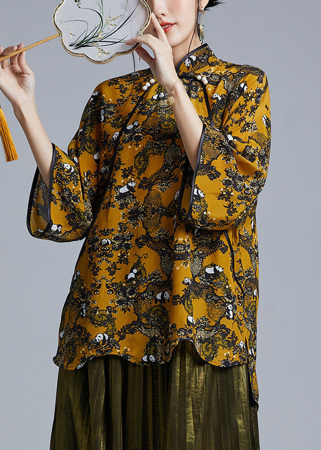 Fitted Yellow Mandarin Collar Print Silk Shirt Tops Bracelet Sleeve