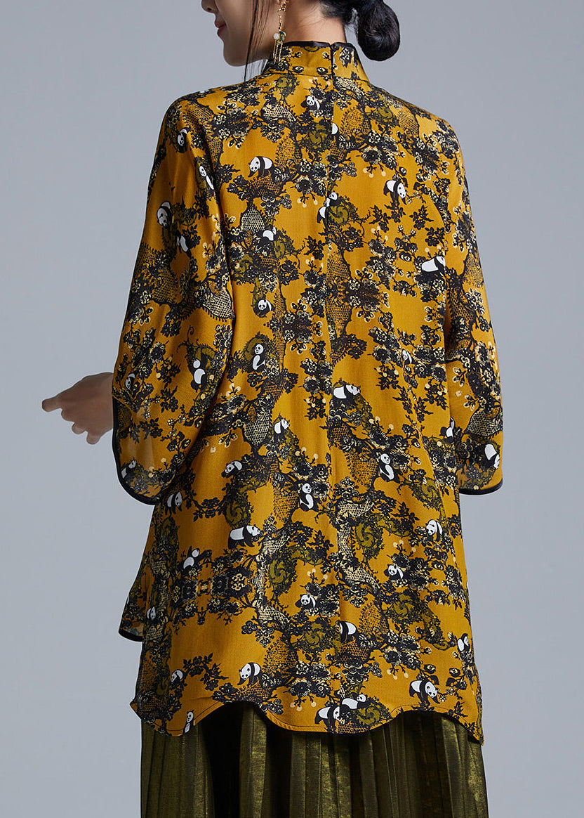 Fitted Yellow Mandarin Collar Print Silk Shirt Tops Bracelet Sleeve