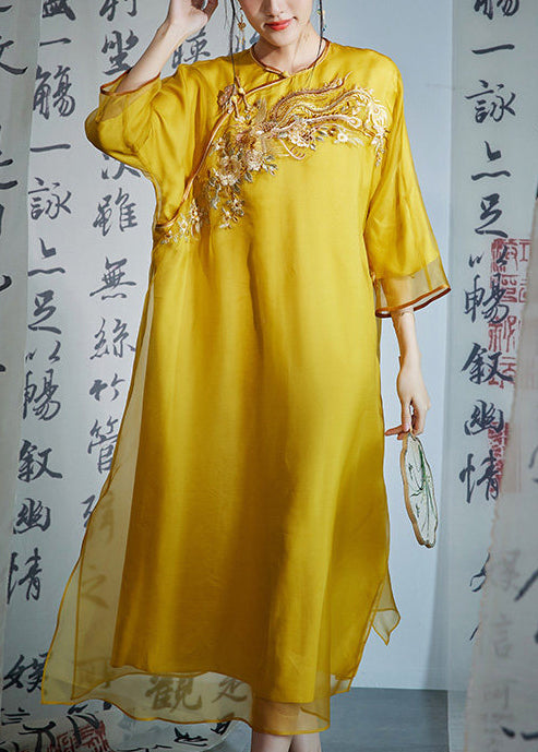 Fitted Yellow O-Neck Embroidered Silk Long Dress Summer