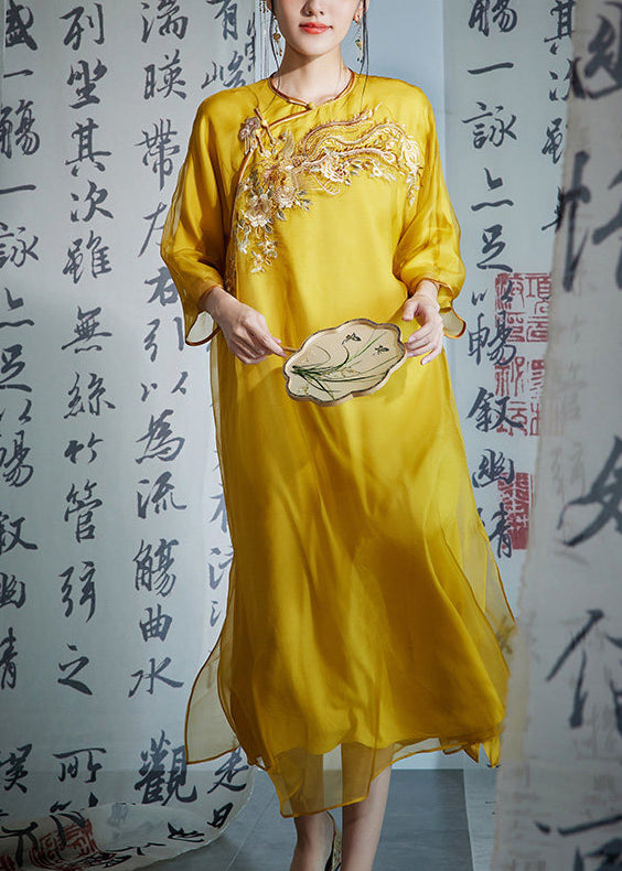 Fitted Yellow O-Neck Embroidered Silk Long Dress Summer
