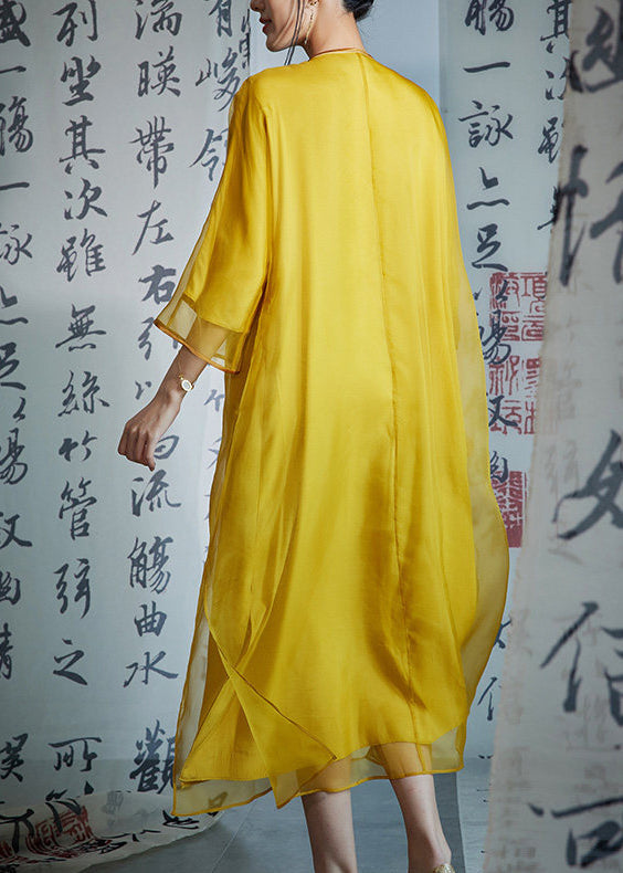 Fitted Yellow O-Neck Embroidered Silk Long Dress Summer
