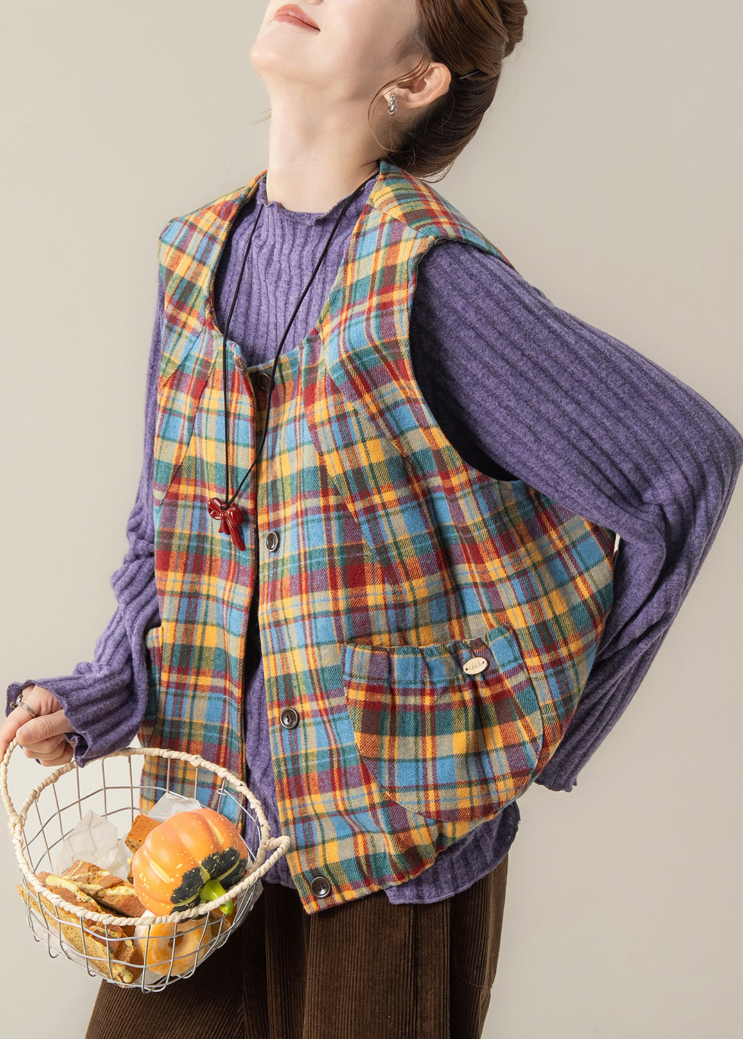 Fitted Yellow Oversized Plaid Cotton Vest Tops Spring