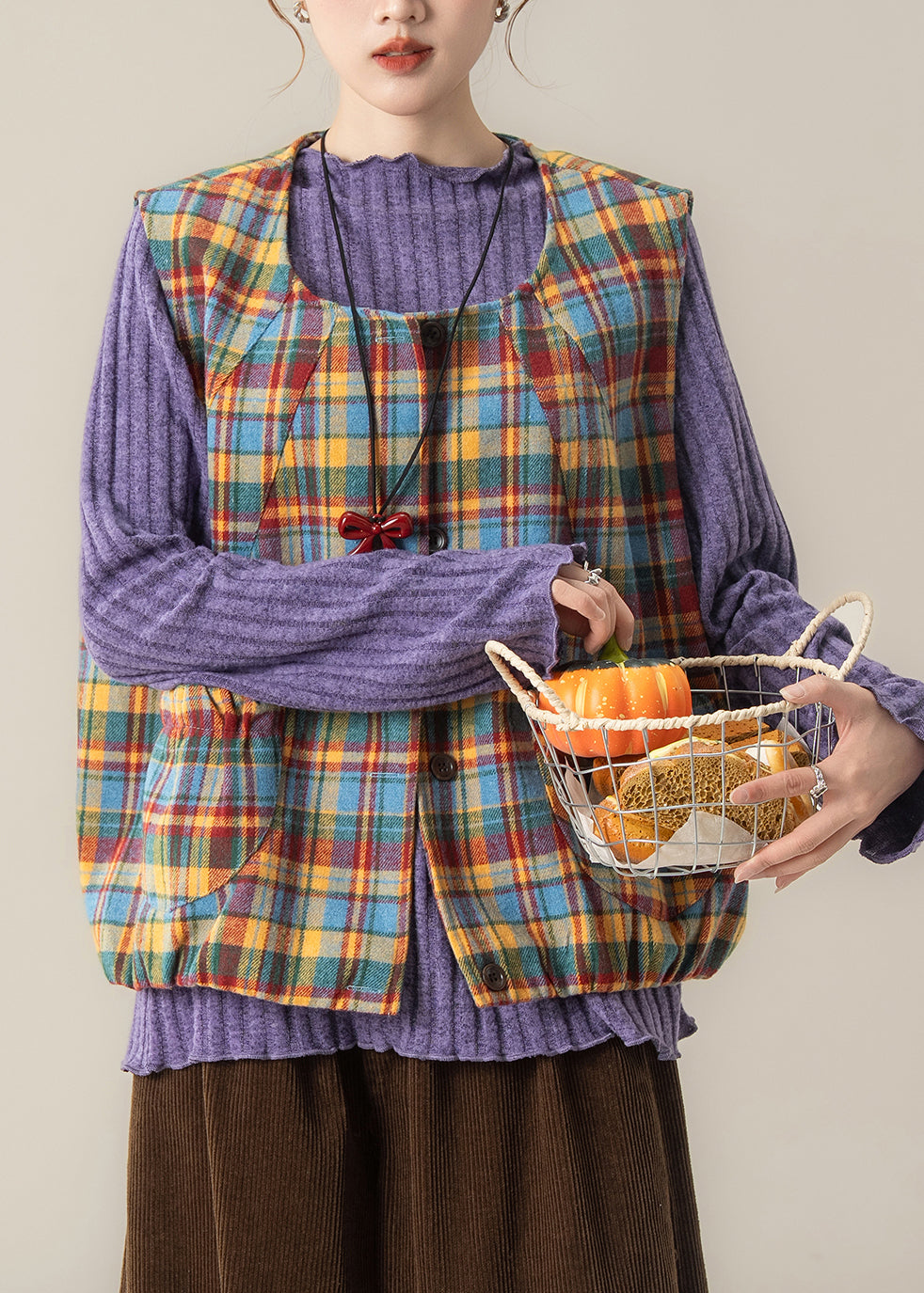 Fitted Yellow Oversized Plaid Cotton Vest Tops Spring