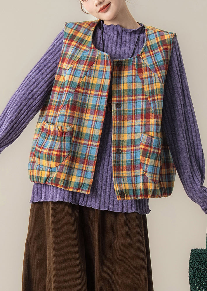 Fitted Yellow Oversized Plaid Cotton Vest Tops Spring