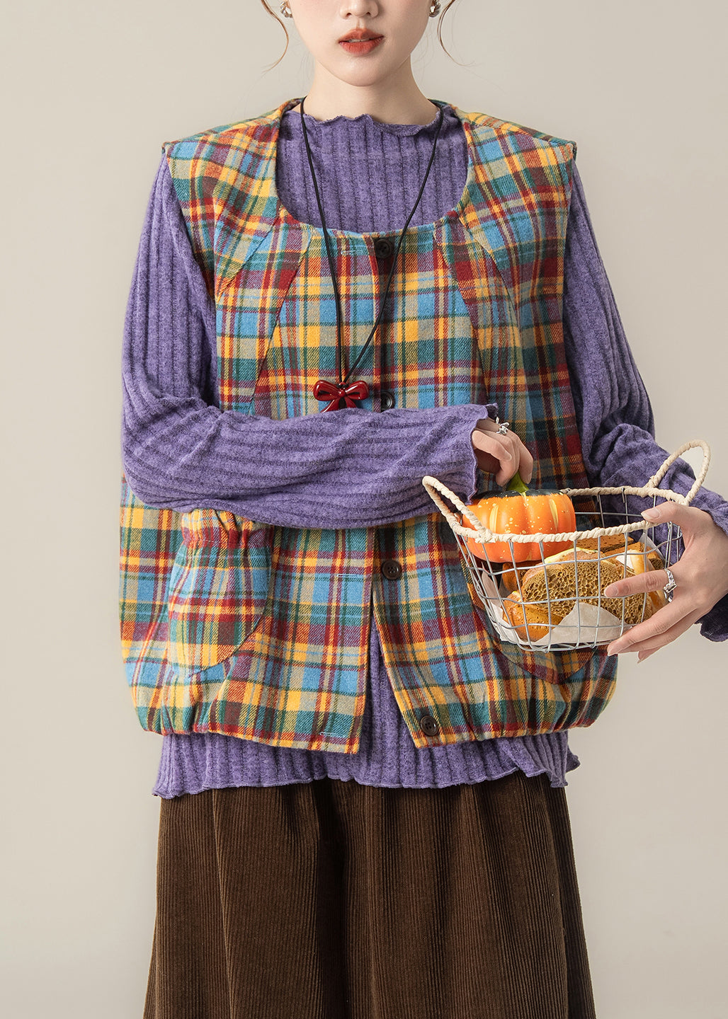 Fitted Yellow Oversized Plaid Cotton Vest Tops Spring