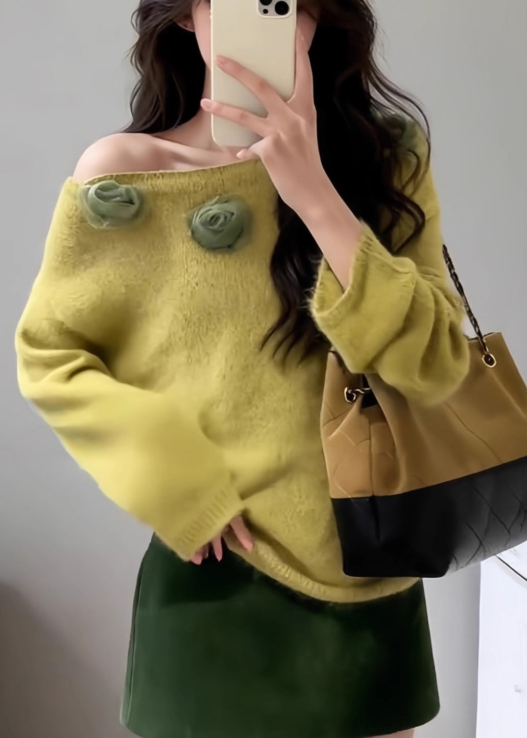 Fitted Yellow Slash Neck Floral Decorated Knit Pullover Fall