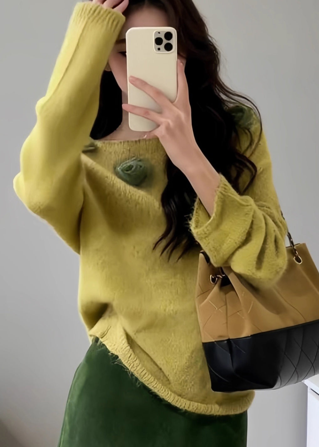 Fitted Yellow Slash Neck Floral Decorated Knit Pullover Fall