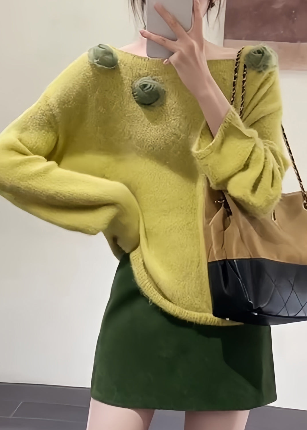 Fitted Yellow Slash Neck Floral Decorated Knit Pullover Fall