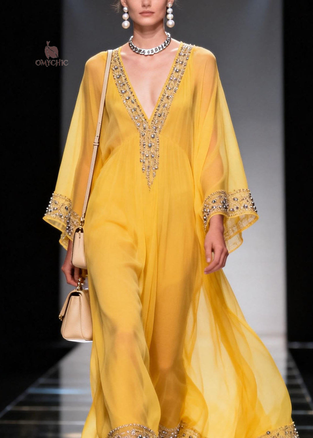 Fitted Yellow V Neck Zircon Chiffon Long Dress Spring